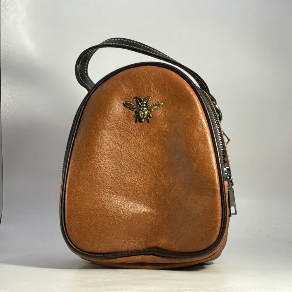 Bee Crossbody 3 Zip Organizer Brown Faux Leather Bag Purse